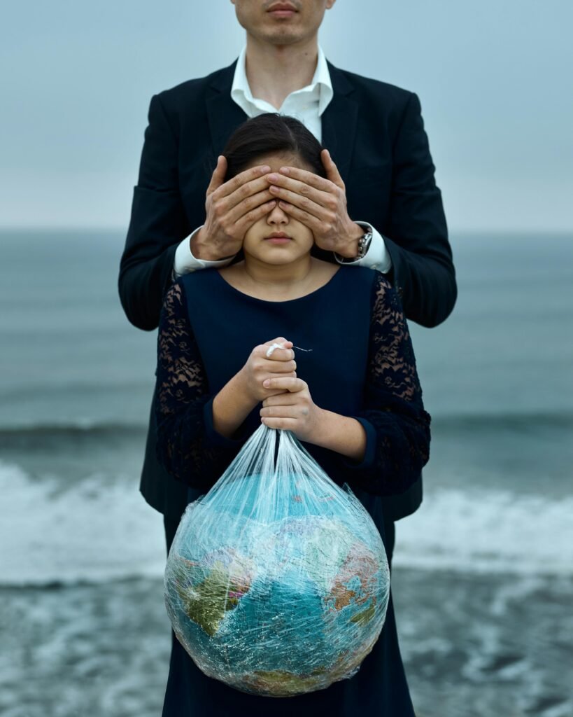 Girl holding globe wrapped in plastic, representing climate change and environmental neglect.